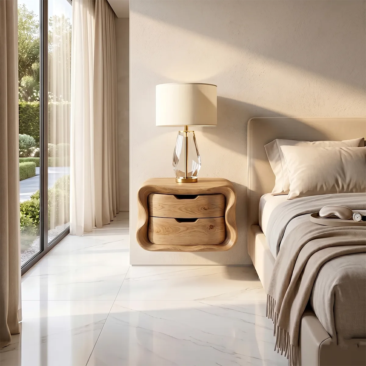 Floating Nightstand with 2 Drawers | Modern Curved Wall Mounted Bedside Table TH003-8175
