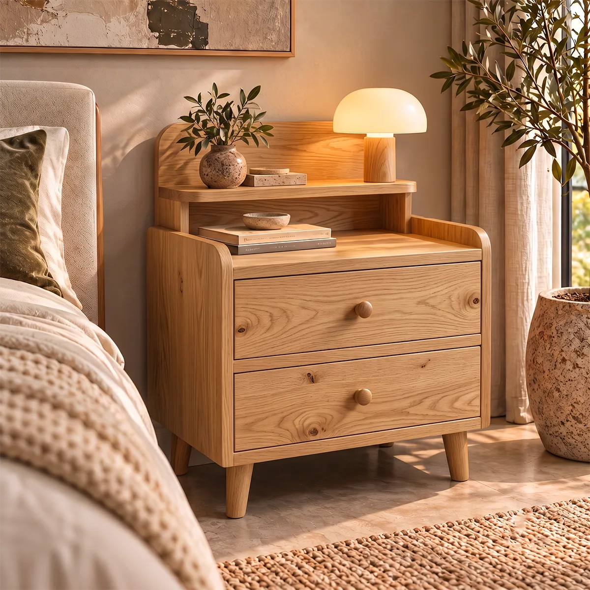 2-Drawer Nightstand with Open Shelf | Mid-Century Bedside Table with Raised Top HG021-8VLX2RD