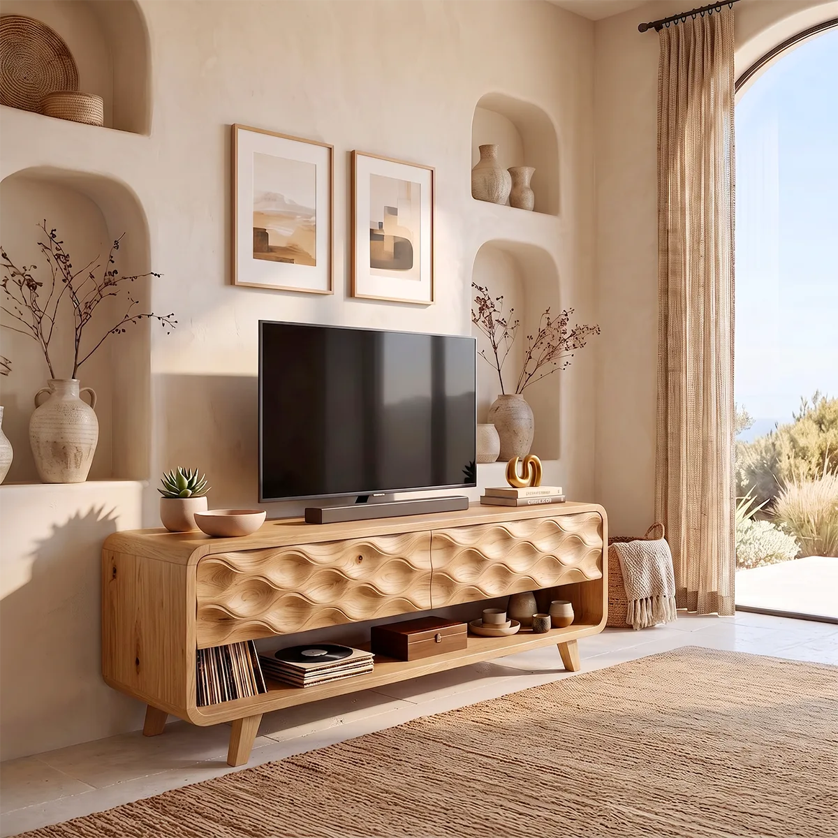 Modern TV Stand with Wave Front Doors | Contemporary Media Console with Open Storage HG021-4RXJ3SK