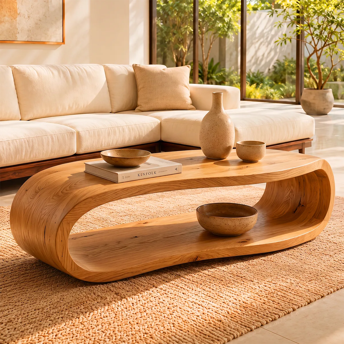 Sculptural Rounded Coffee Table with Open Lower Shelf | Organic Modern Living Room Table TT006-5HHT2PZ