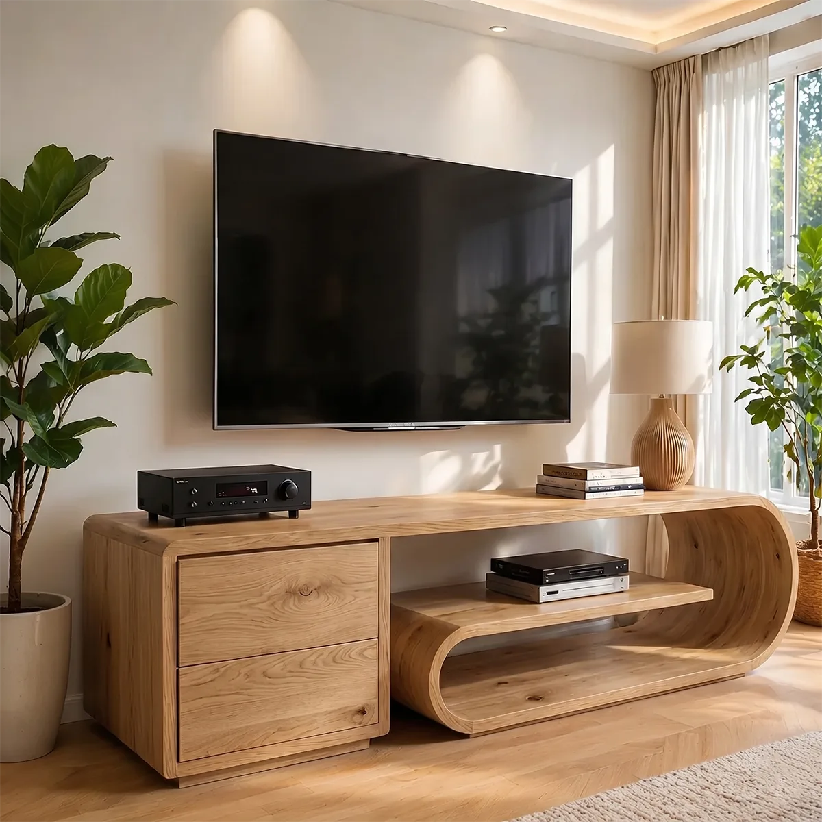 Solid Wood TV Stand with Rounded Open Shelf and 2 Drawers