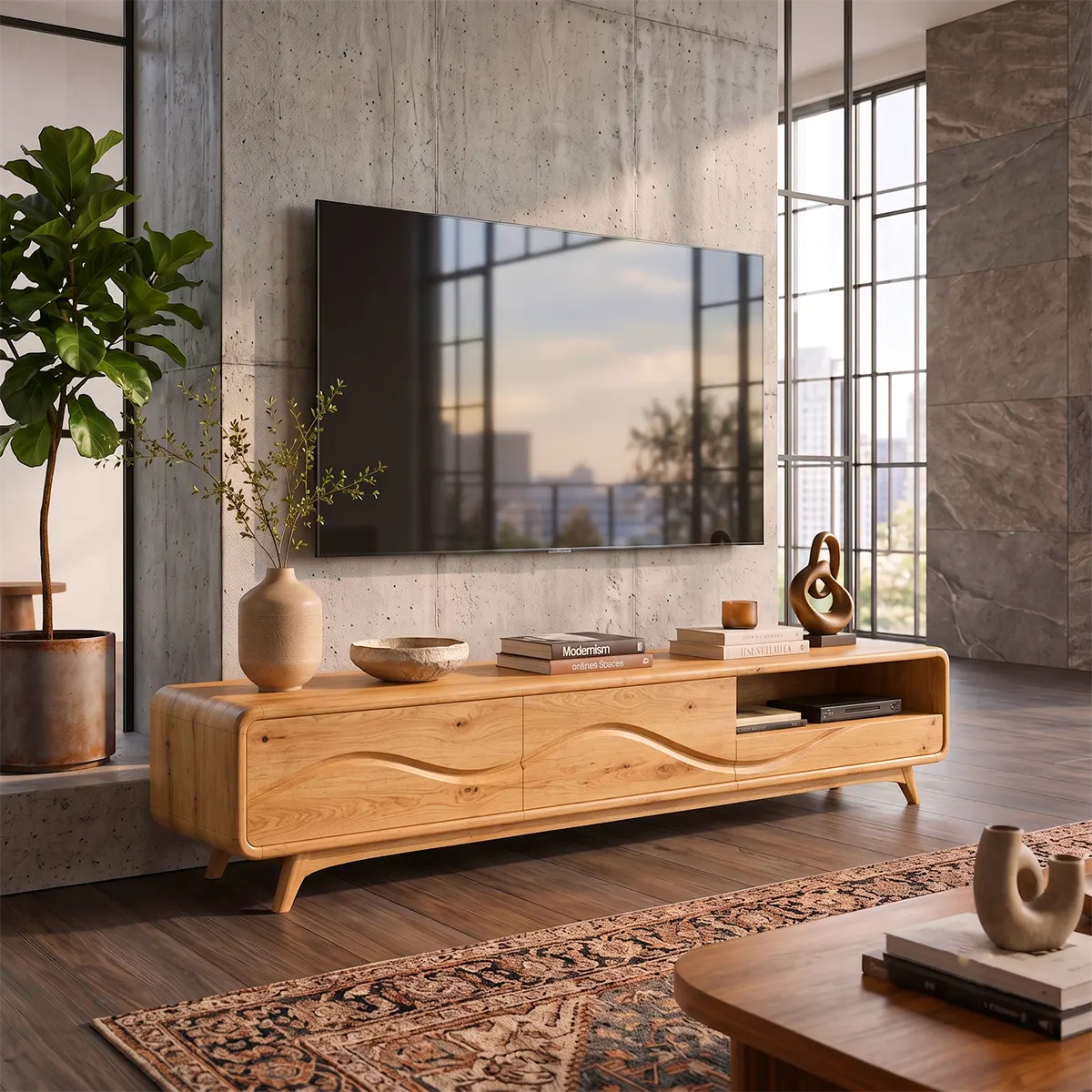 Modern TV Stand with 2 Enclosed Cabinets & Open Storage | Sculpted Wave Media Console TT006-9ORW3JY