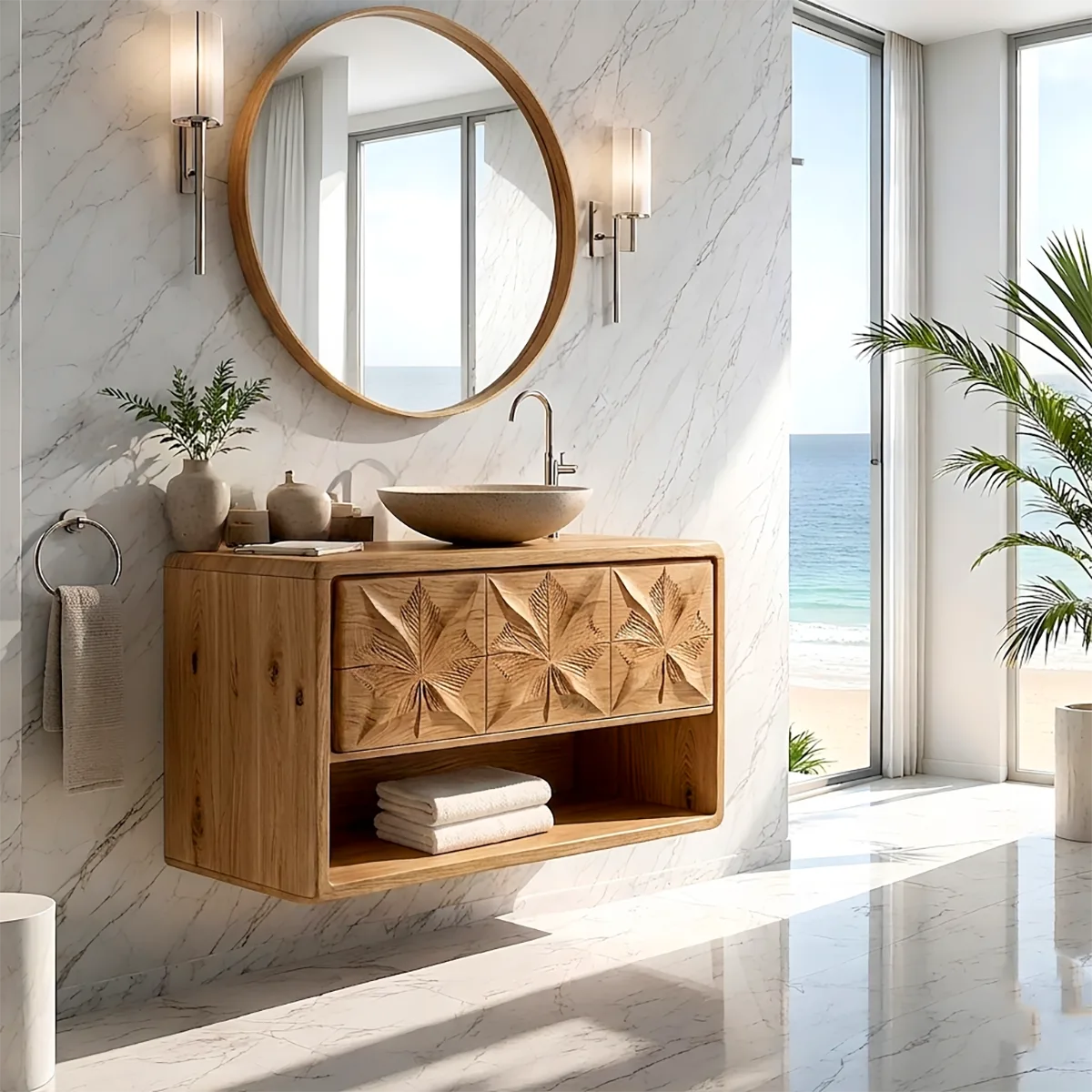 Geometric Leaf Carved Bathroom Vanity with Open Storage HG021-8975