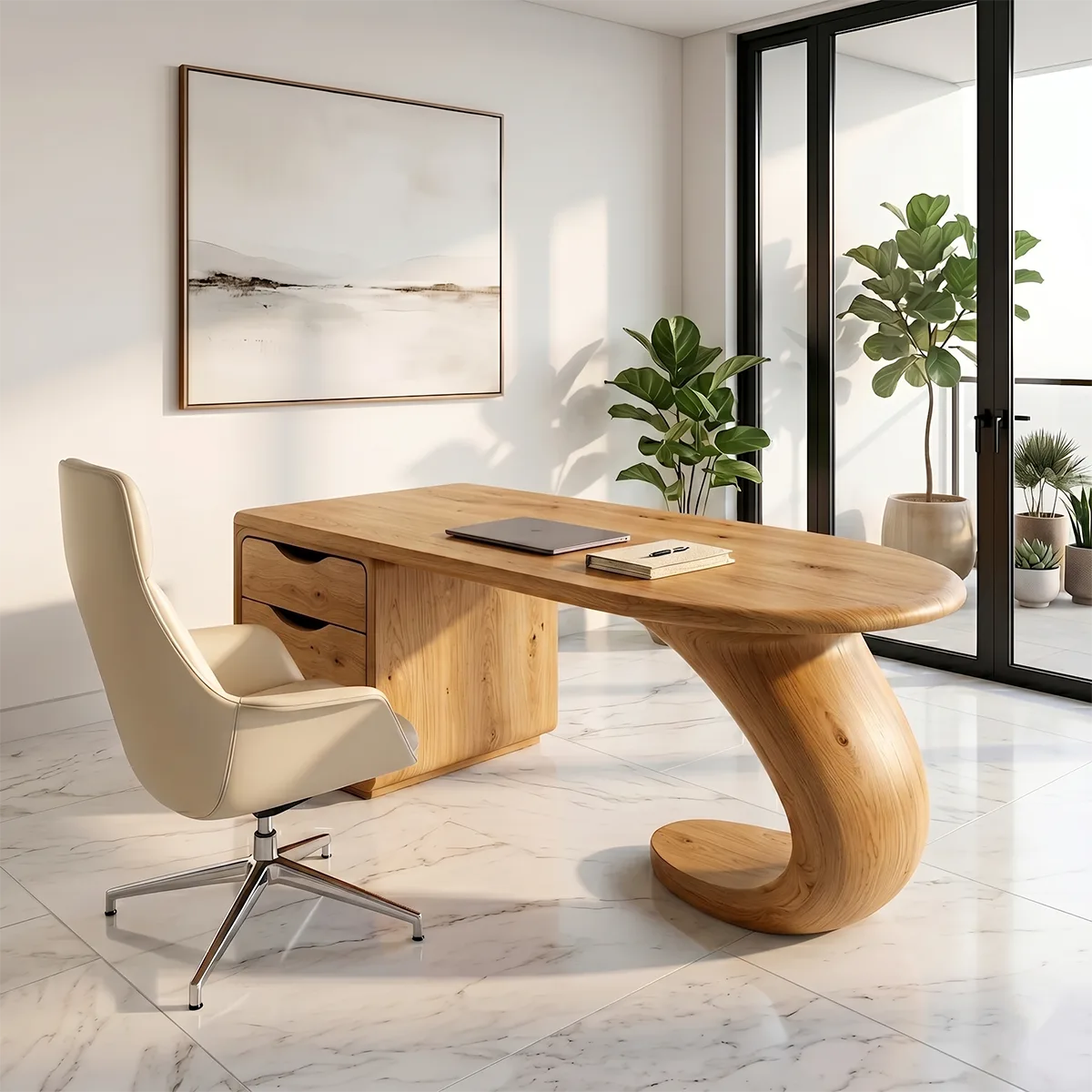 Sculptural Executive Desk | Modern Waterfall Office Desk with Storage TH003-5960