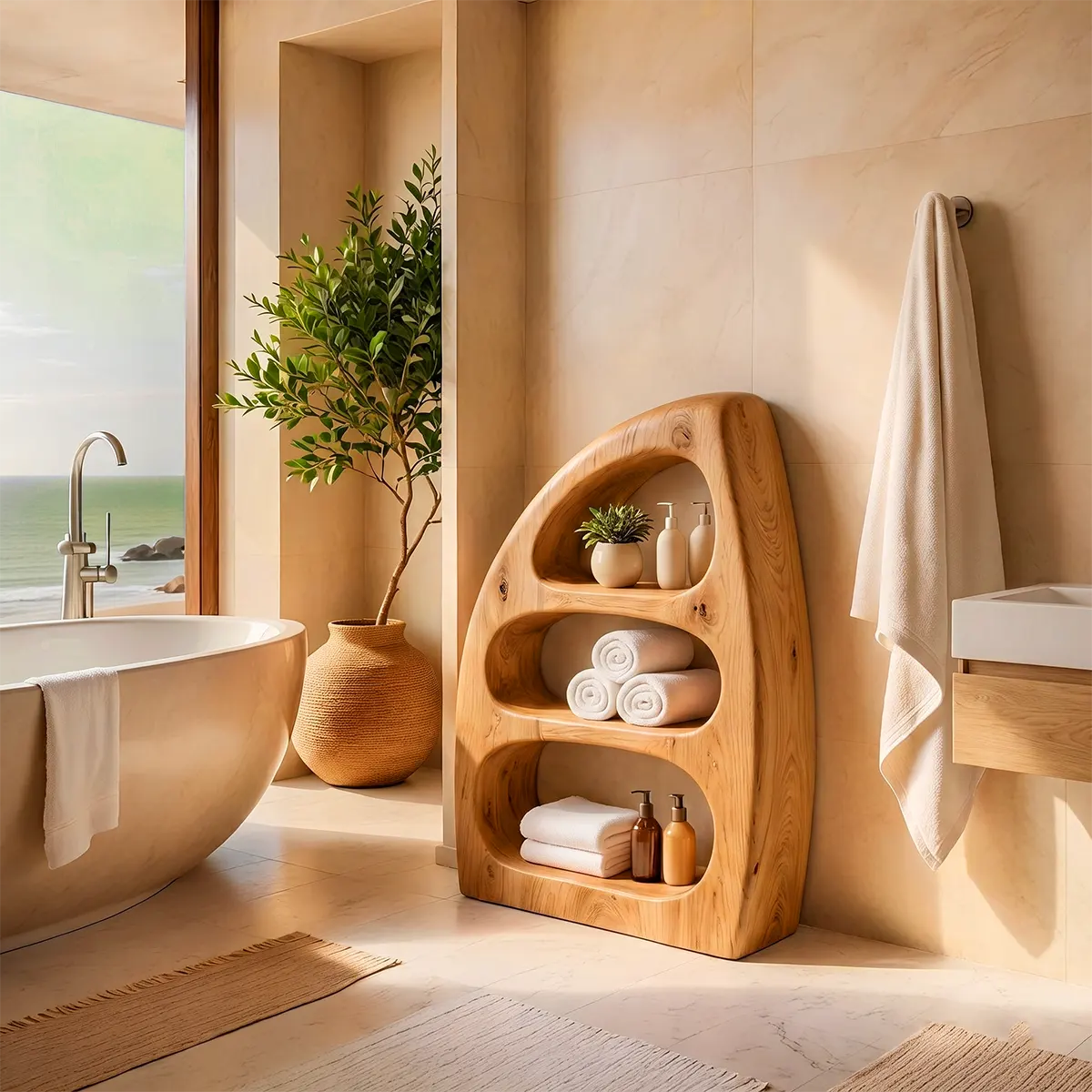 Sculptural Bathroom Cabinet with 3 Open Shelves | Organic Modern Storage TT006-2YFR1YX