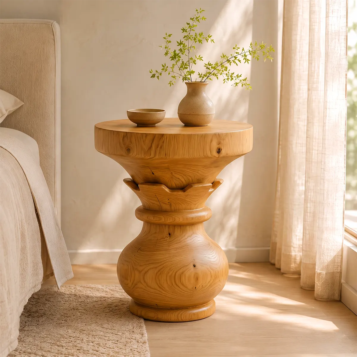 Sculptural Lotus Pedestal Wood End Table | Round Statement Side Table TT006-6BCF9JT