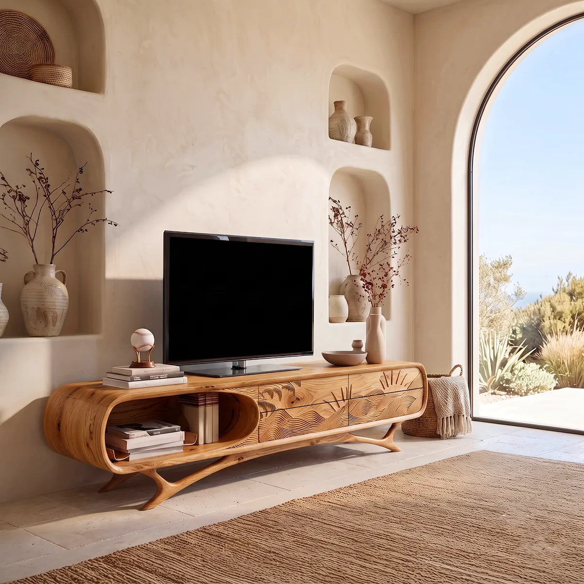 Sunrise Landscape Carved Wood TV Stand with Curved Frame | Sculptural Media Console HG021-2WSZ4IX