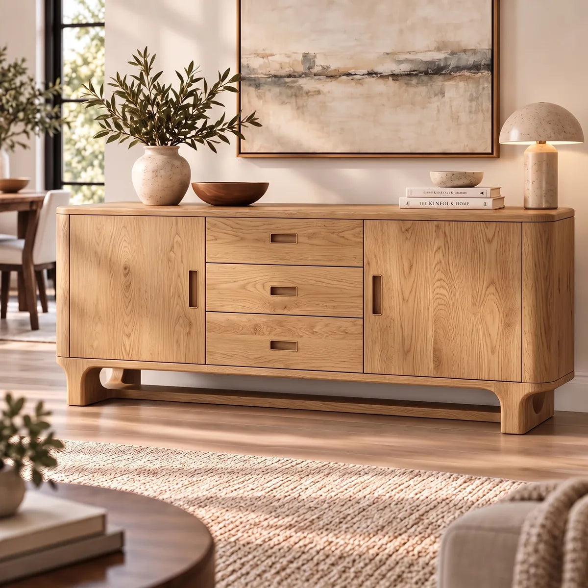 Modern Sideboard with 3 Drawers and 2 Cabinets | Rounded Storage Buffet with Interior Shelves HG021-6UVE8HY