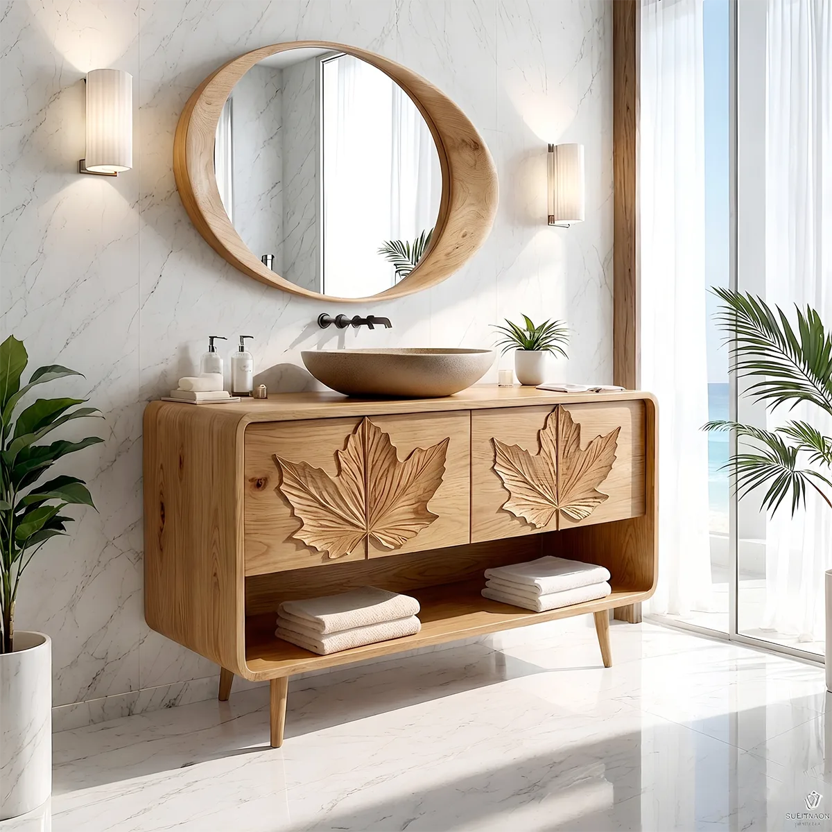 Japanese Inspired Leaf Carved Bathroom Vanity Cabinet HG021-6349