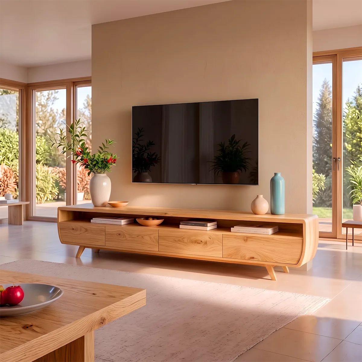 Modern Curved TV Stand with 4 Enclosed Storage Compartments & Open Media Shelf TT006-3ZIP1NK