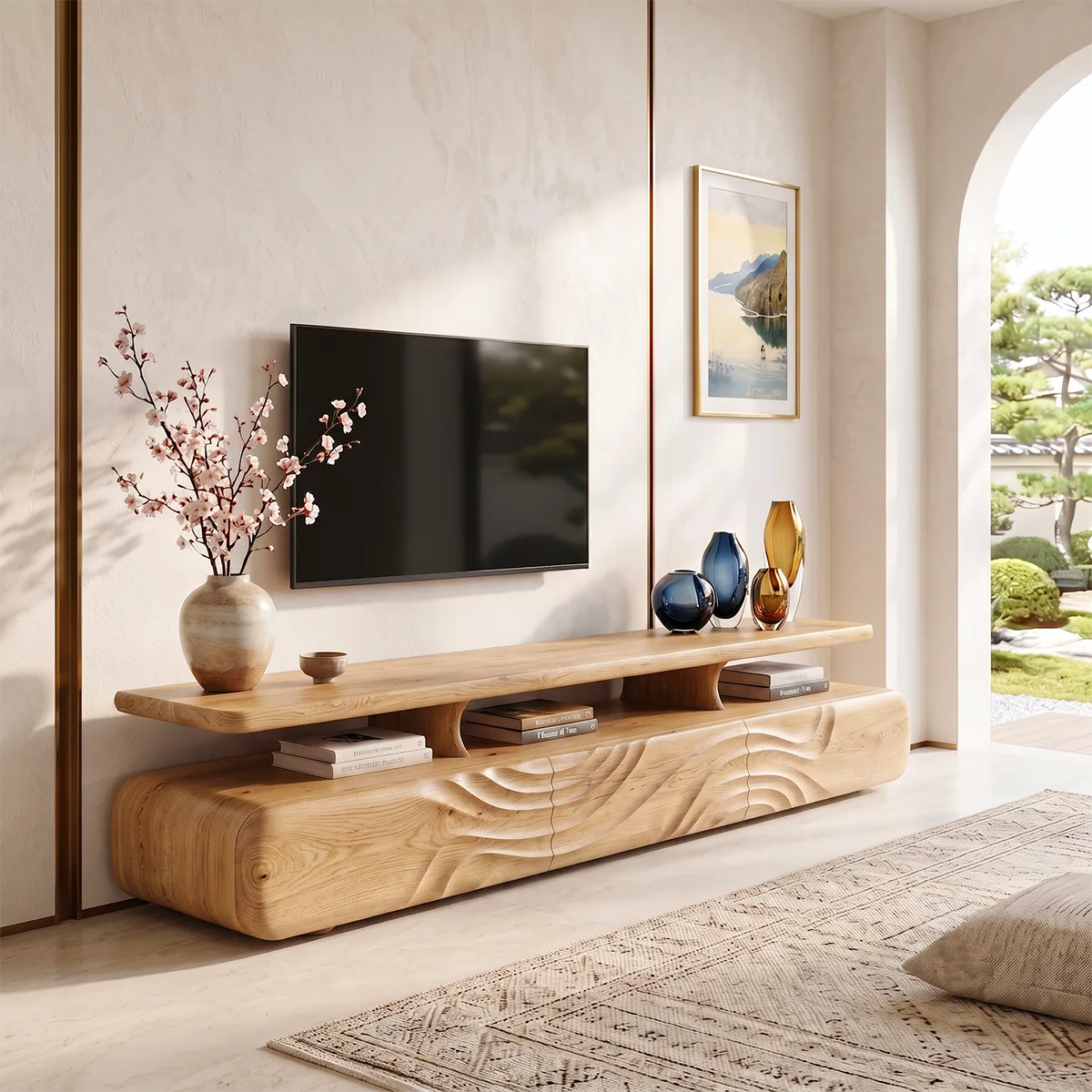 Modern TV Stand with Wave Front Doors | Contemporary Media Console with Open Display Shelf HG021-2DTK5LB
