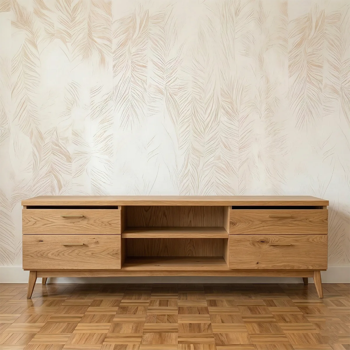 Solid Wood TV Stand with 4 Drawers and Open Center Shelves