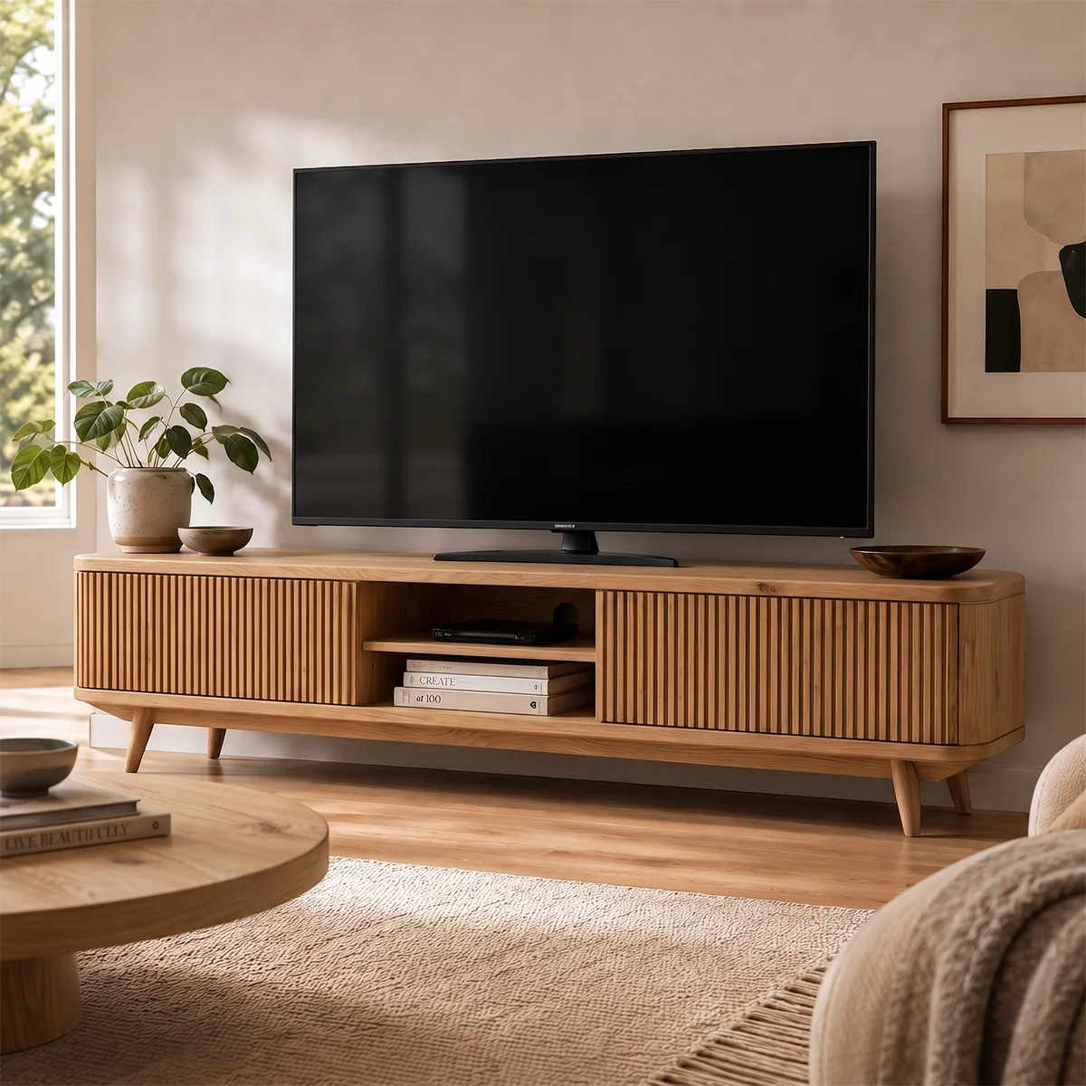 Fluted Wood TV Stand with Open Shelves | Modern Media Console HG021-8DUV7FV