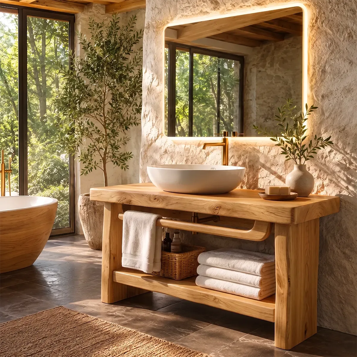 Freestanding Bathroom Vanity with Open Shelf & Towel Bar | Organic Modern Design TT006-4KEH4XG