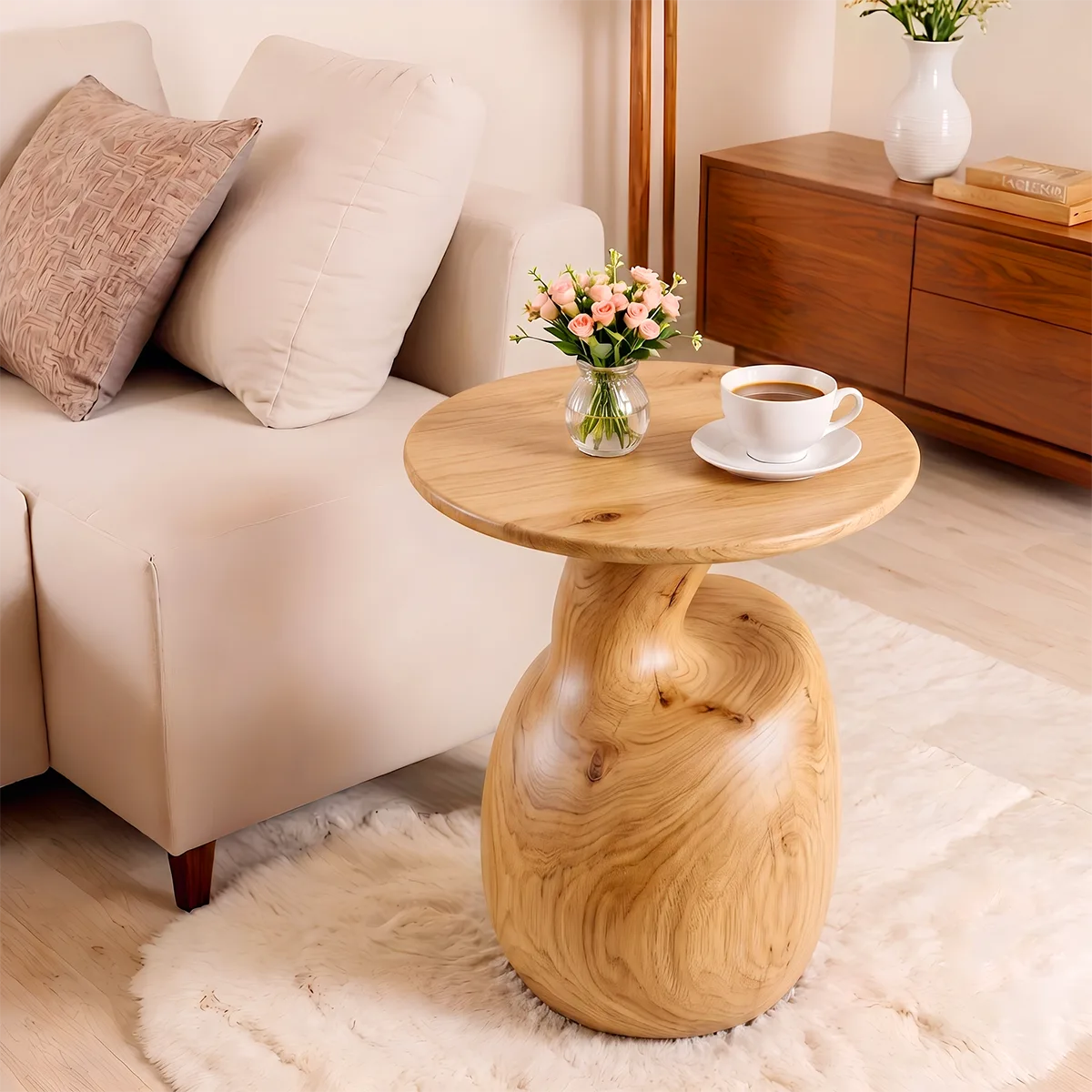 Modern Round End Table | Sculptural Swirl Pedestal Accent Table HG021-3645