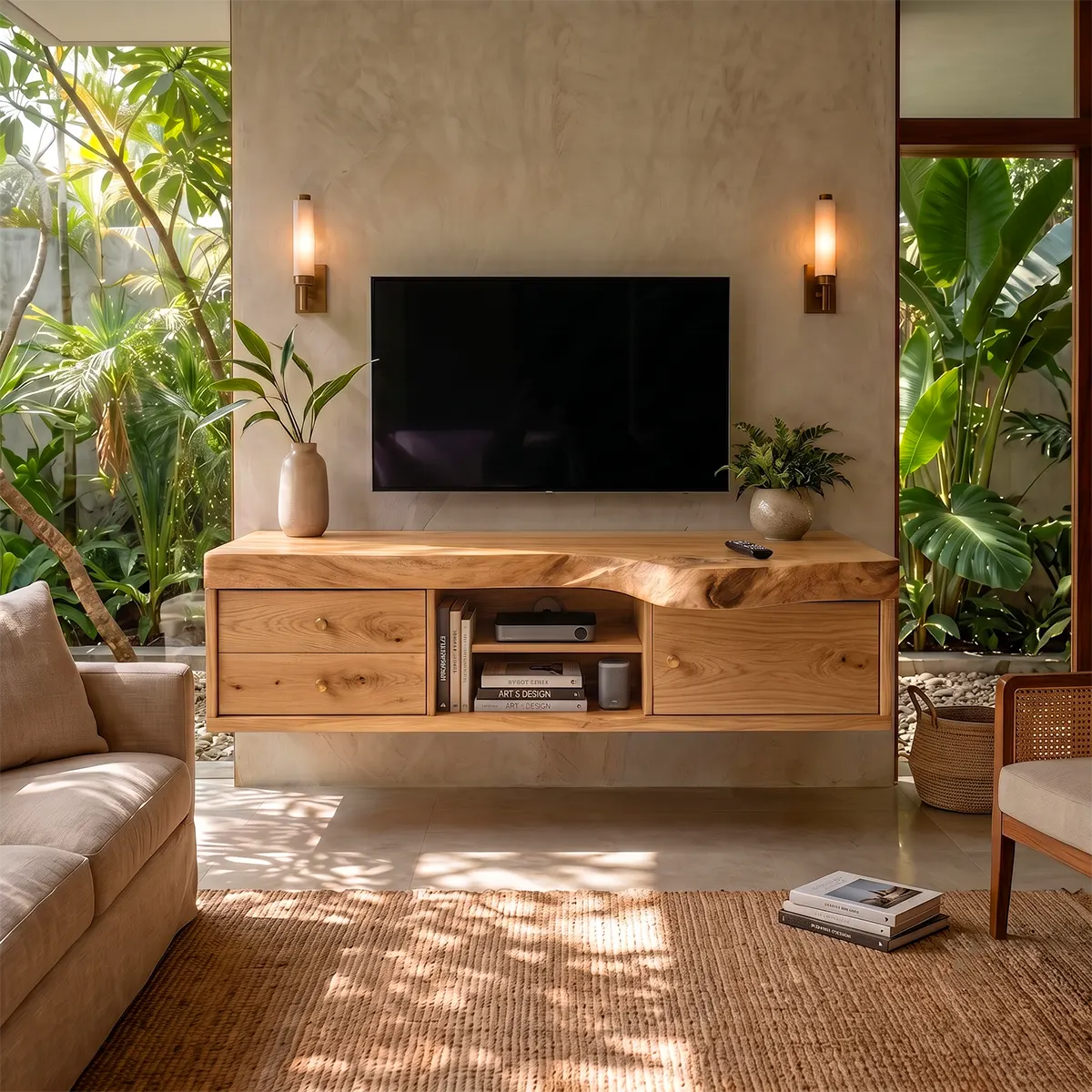 Modern TV Stand with 2 Drawers, Open Shelf & Cabinet | Natural Organic Media Console TT006-3ZLT6YV