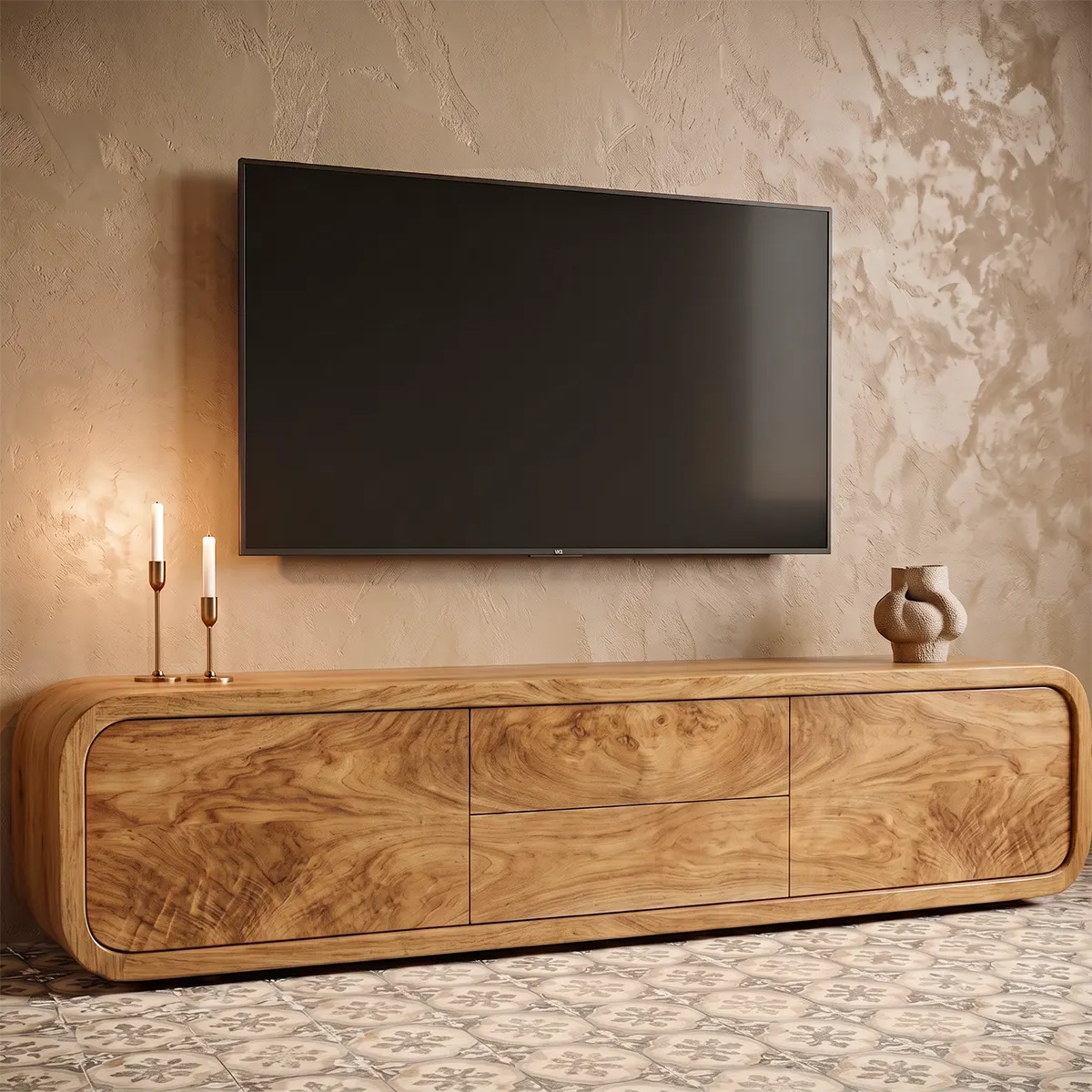 Modern TV Stand with 2 Drawers & 2 Cabinets | Rounded Organic Media Console TT006-6FSA9CR