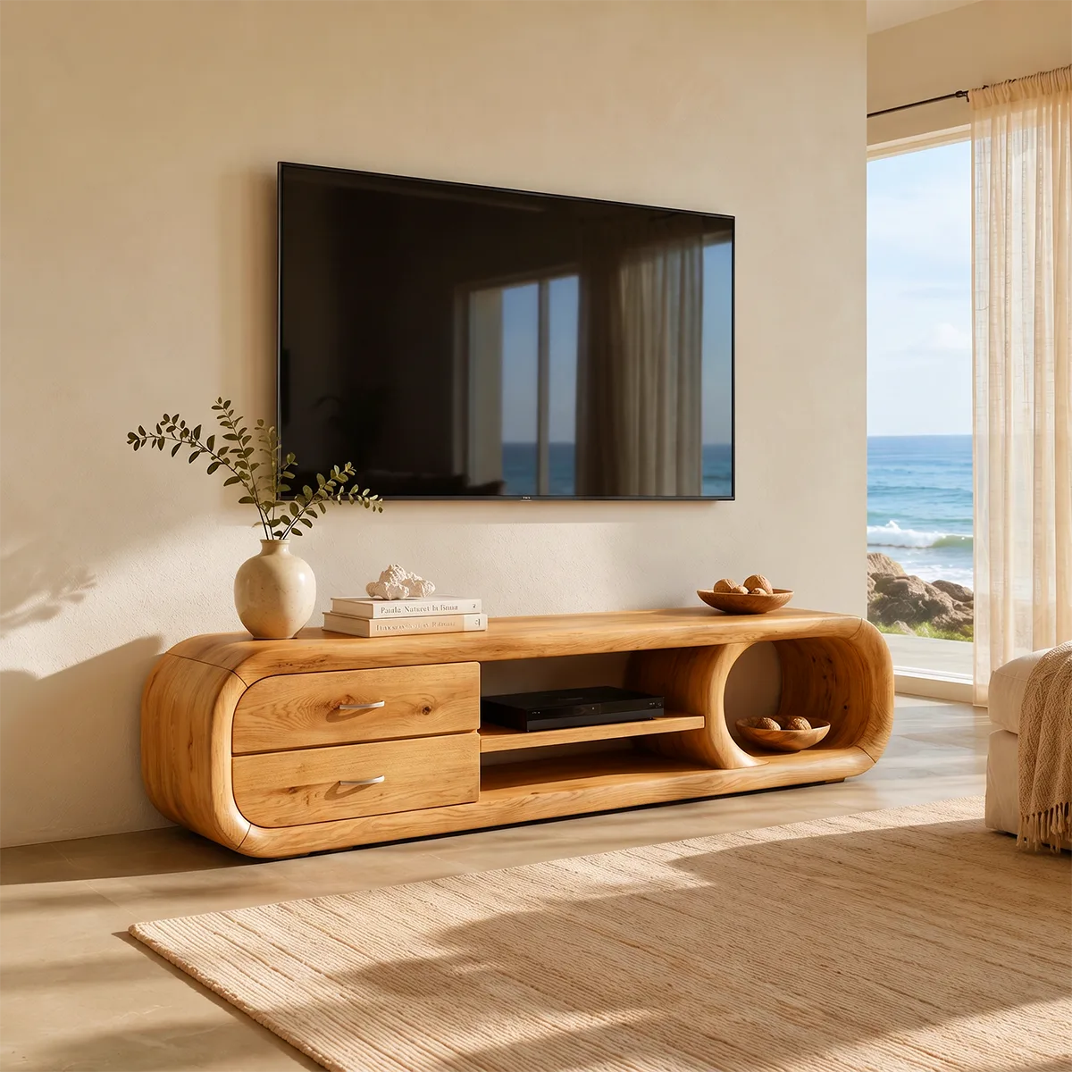 Modern Curved TV Stand with 2 Drawers & 3 Open Storage Areas TT006-8EDM7QK