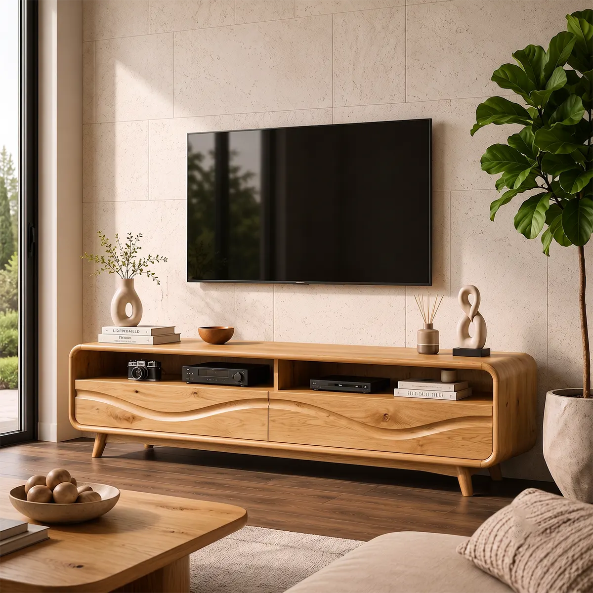 Modern TV Stand with 2 Open Shelves & Enclosed Storage | Sculptural Curved Media Console TT006-5OJR9XY