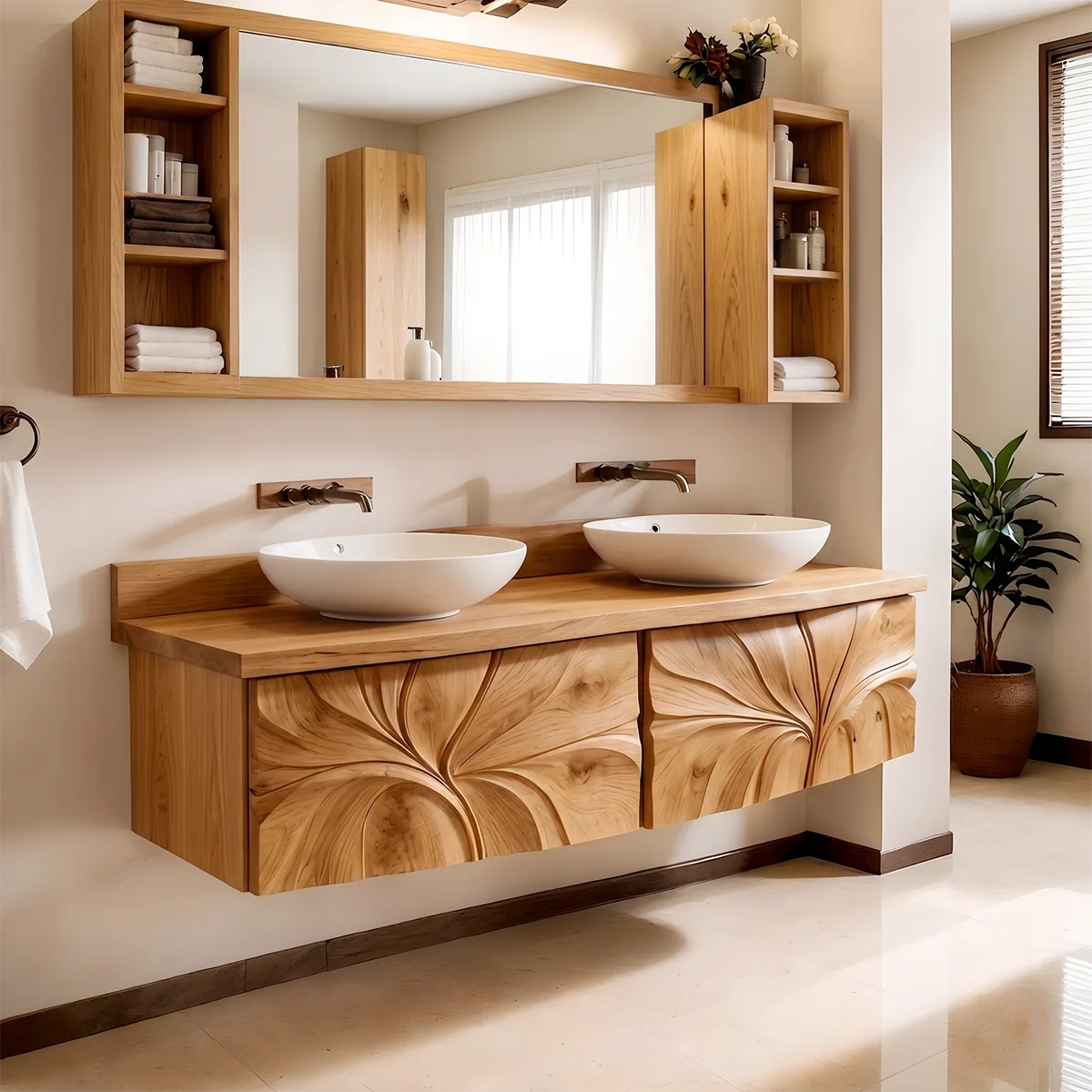Modern Floating Bathroom Vanity with Sculptural Floral Carved Doors HG021-1209