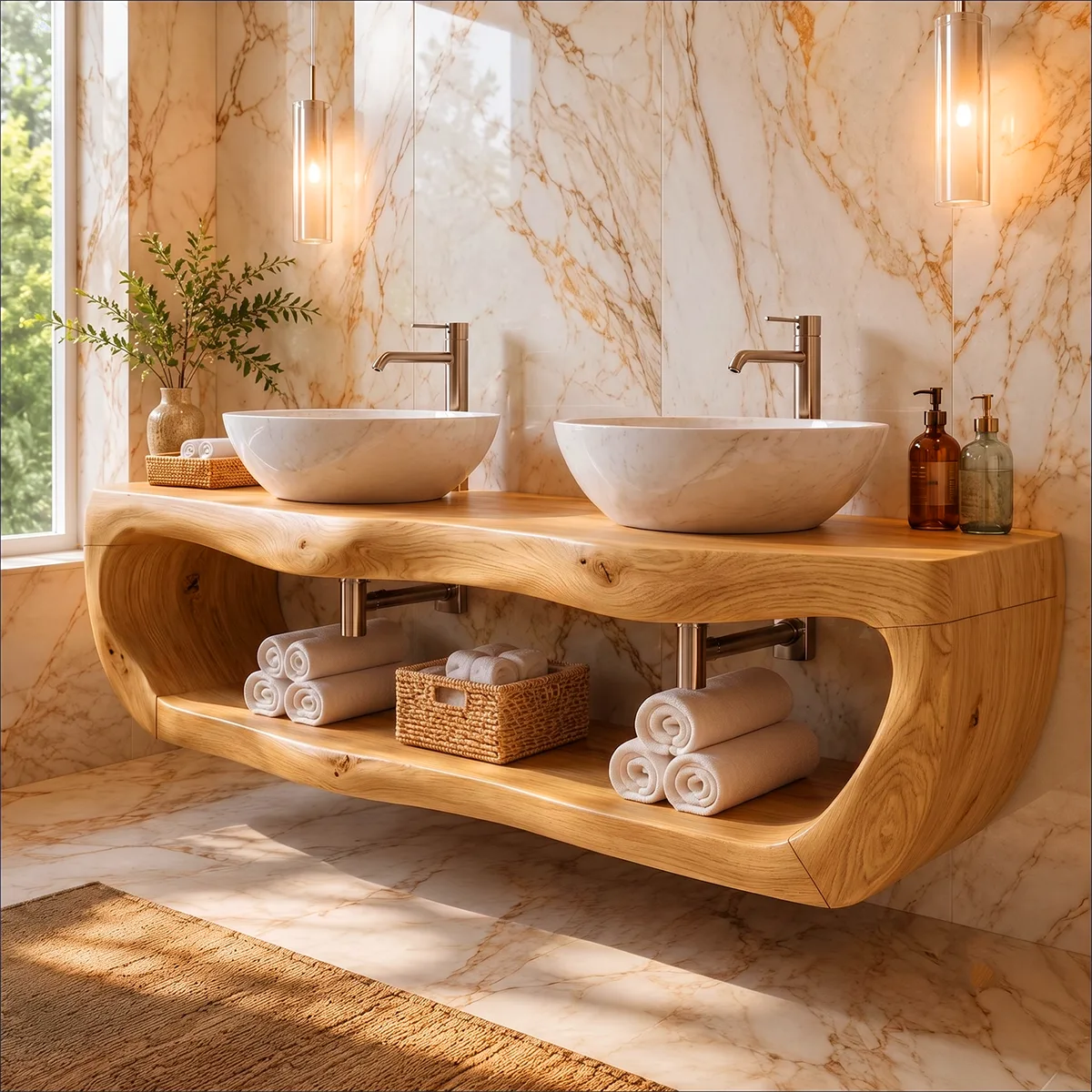 Floating Double Bathroom Vanity with Open Shelf | Sculptural Organic Edge Design TT006-7QQX8GI