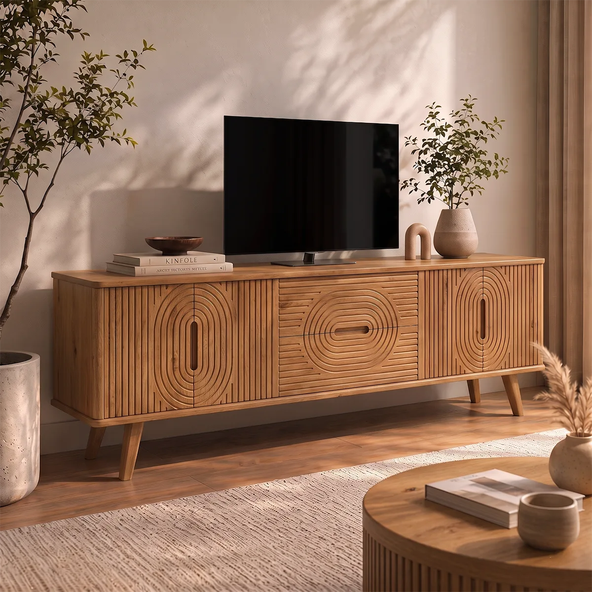 Geometric Fluted Wood TV Stand with Drawers & Cabinets | Mid-Century Media Console HG021-7RAV5YV