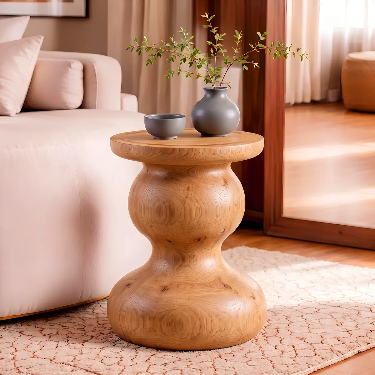 Sculptural Double Gourd Wood End Table | Round Pedestal Side Table TT006-3BUA5AI
