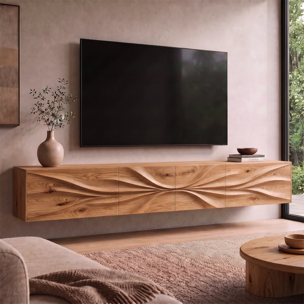 Floating Wood TV Stand with Sculpted Wave Front | Carved Media Console HG021-6VHU4ZT