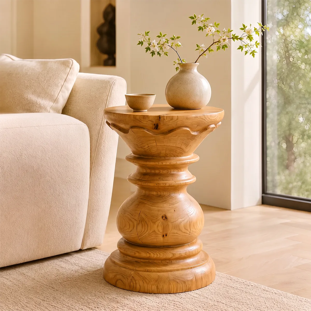 Sculptural Crown Pedestal Wood End Table | Round Carved Side Table TT006-9TFS8ZN