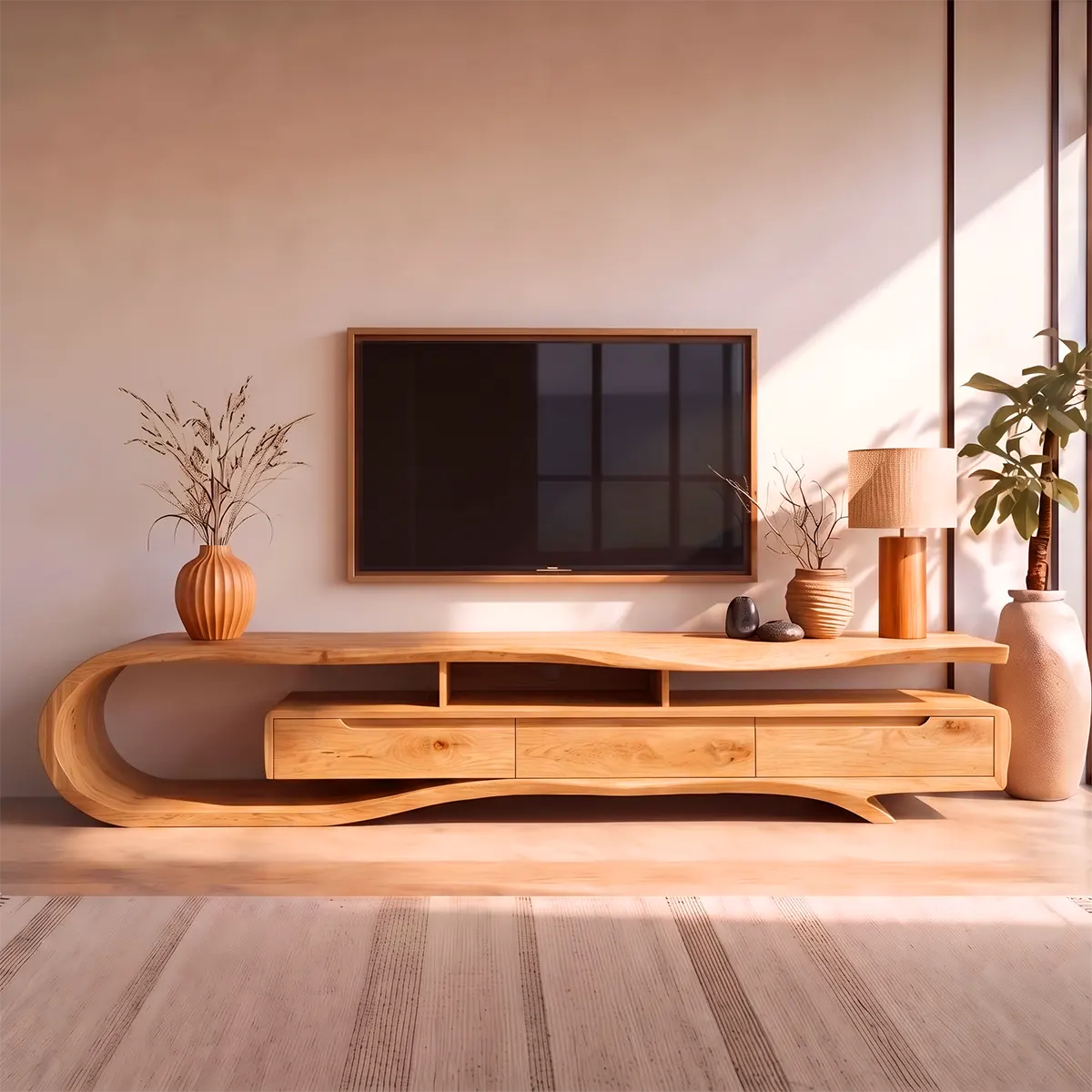 Sculptural Curved TV Stand with 3 Drawers & Open Storage | Modern Low Profile Media Console TT006-4OMT8HH