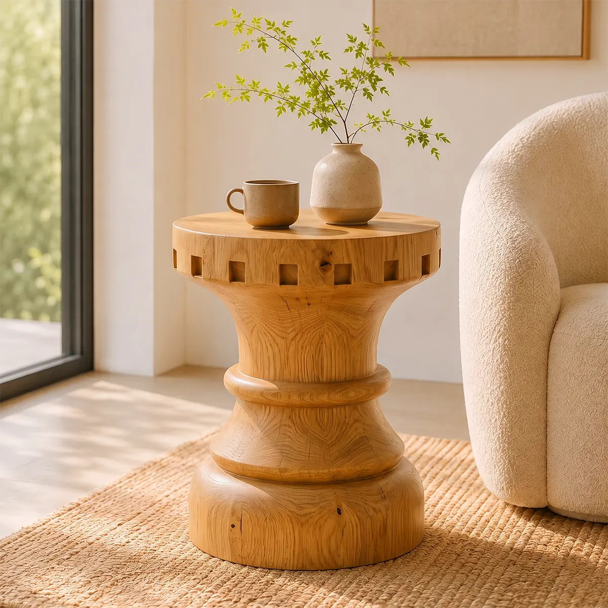 Sculptural Square Notch Wood End Table | Round Turned Pedestal Side Table TT006-7CML8BQ