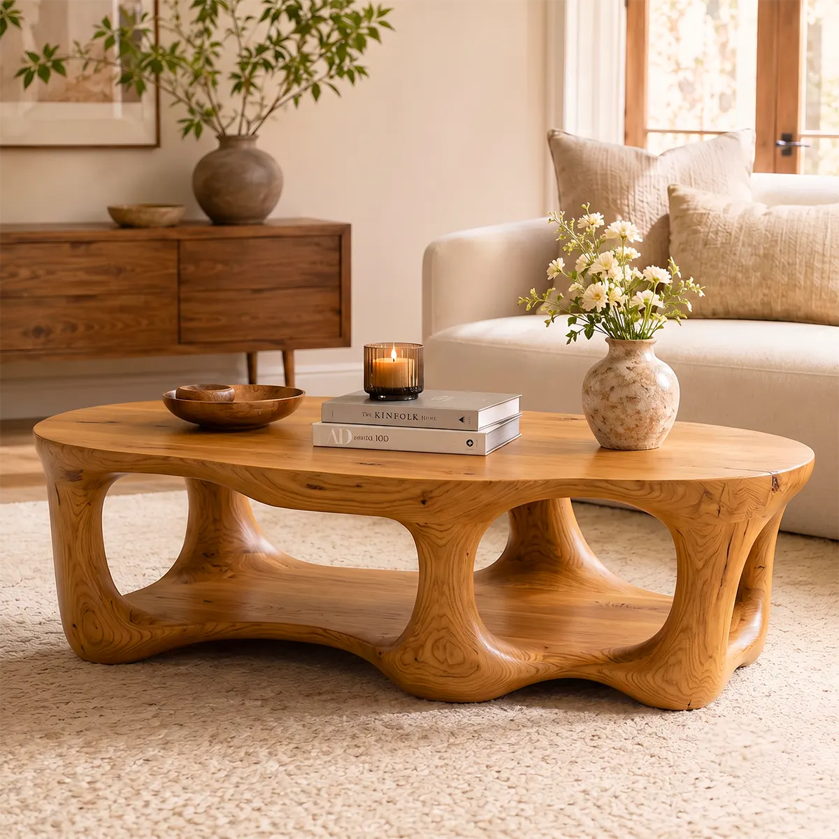 Sculptural Organic Coffee Table with Open Lower Shelf | Modern Living Room Center Table TT006-3VXG8WB