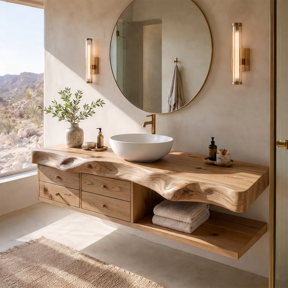 Organic Bathroom Vanity with 4 Drawers & Open Shelf | Freeform Edge Vanity Cabinet TT006-9HXZ1BE