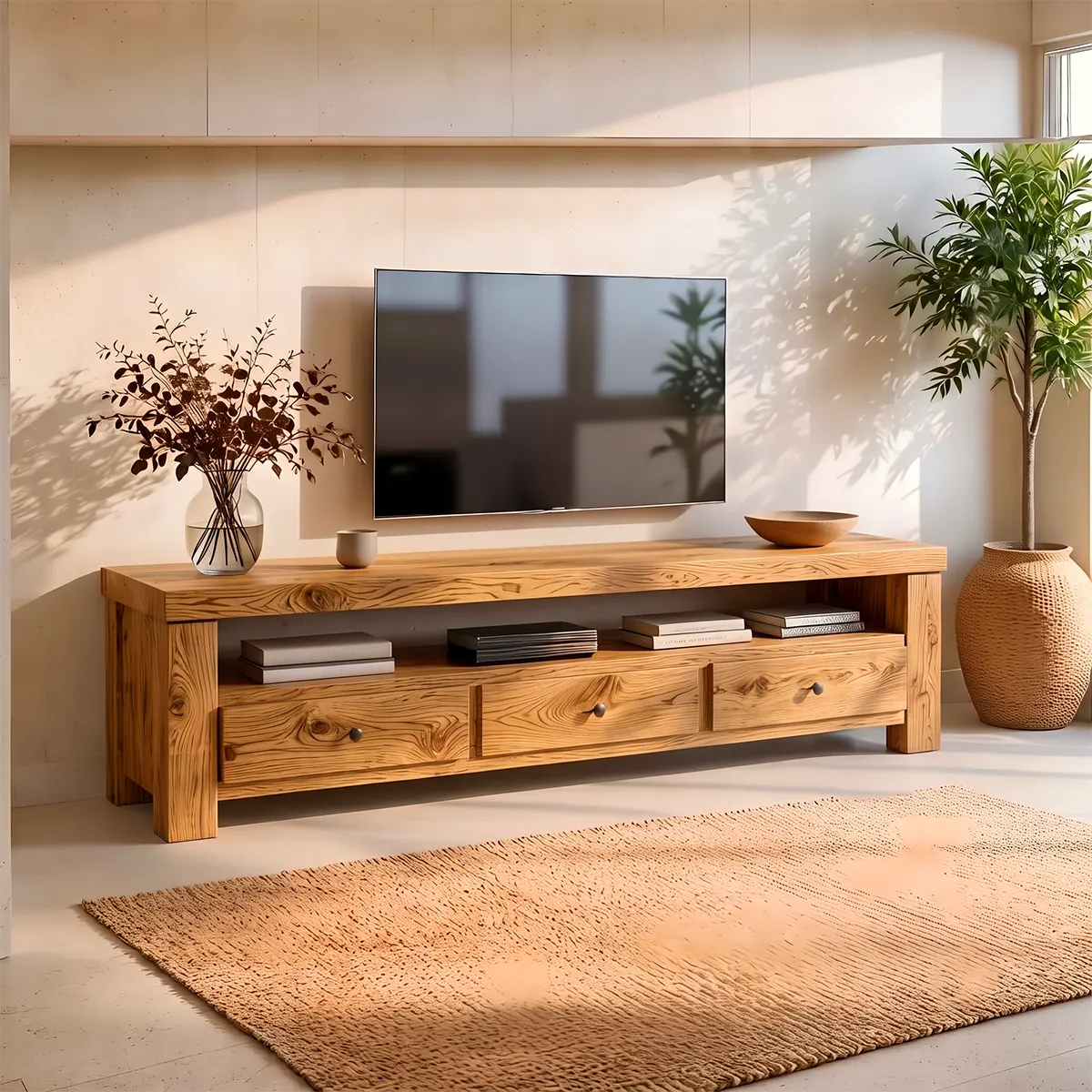 Modern TV Stand with 3 Drawers & Open Media Shelf | Rustic Wood Entertainment Console TT006-5YVS8FX