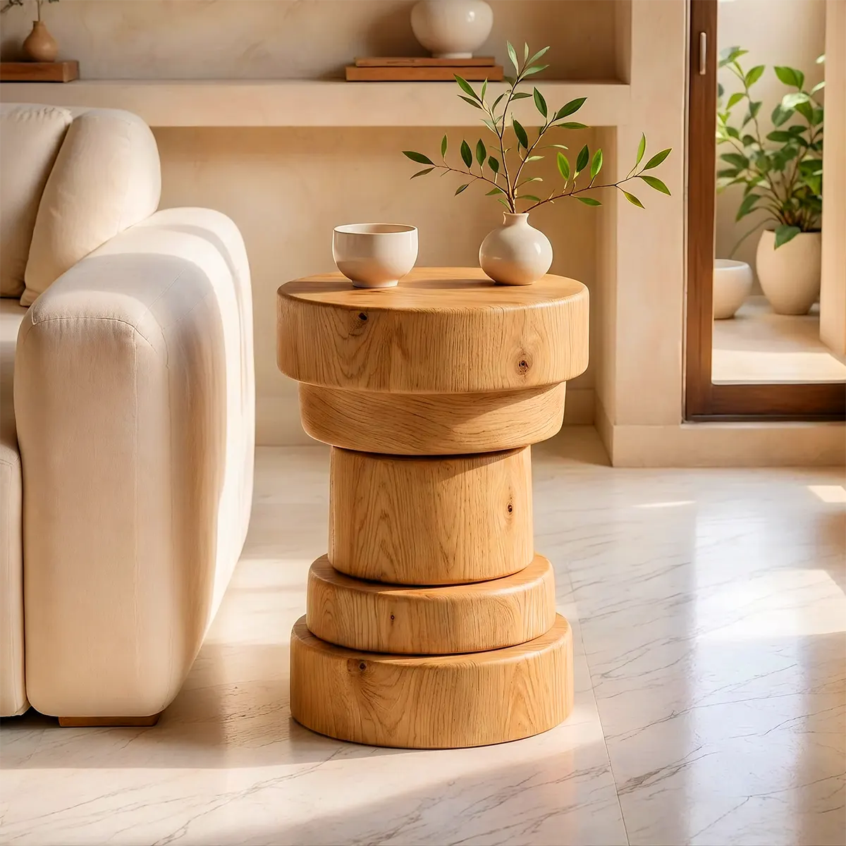 Sculptural Stacked Drum Wood End Table | Round Pedestal Side Table TT006-3TKS6LF