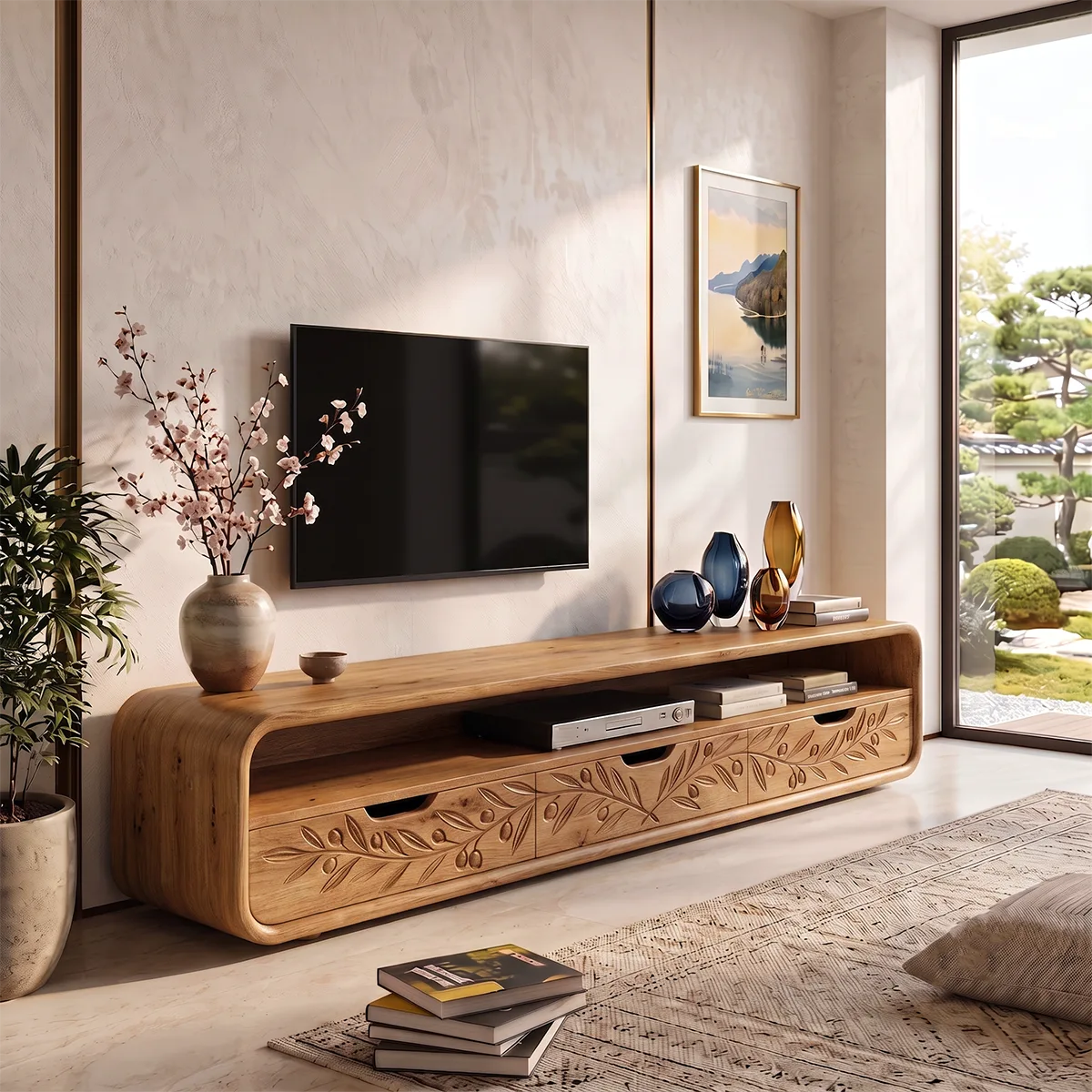 Botanical Carved Wood TV Stand with Storage | Elegant Media Console HG021-5BGB8ID