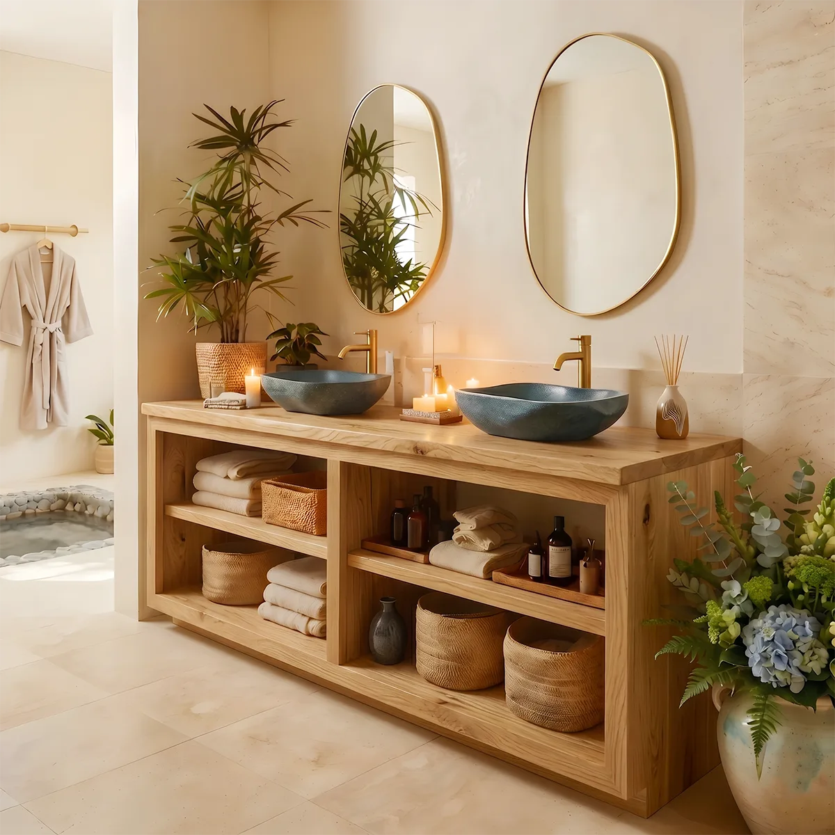 Modern Double Bathroom Vanity with Open Shelving and Spa-Inspired Storage HG021-2663