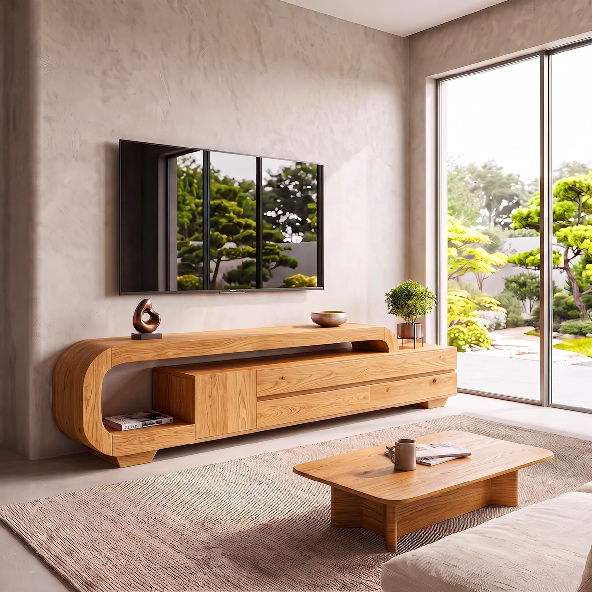 Curved Wood TV Stand with Drawers & Storage | Modern Media Cabinet HG021-1SBA3RR