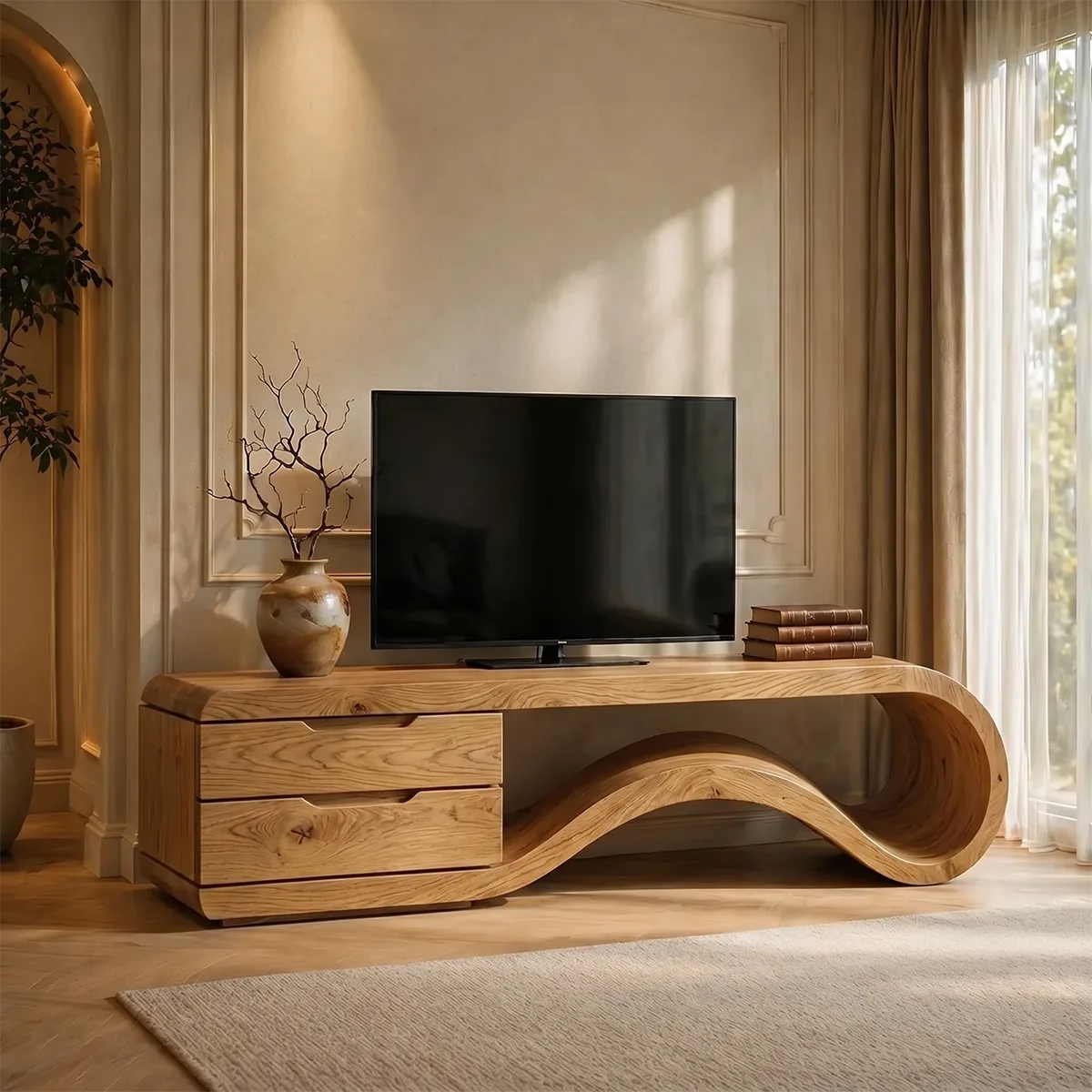 Solid Wood TV Console with Sculptural Wave Shelf and 2 Drawers