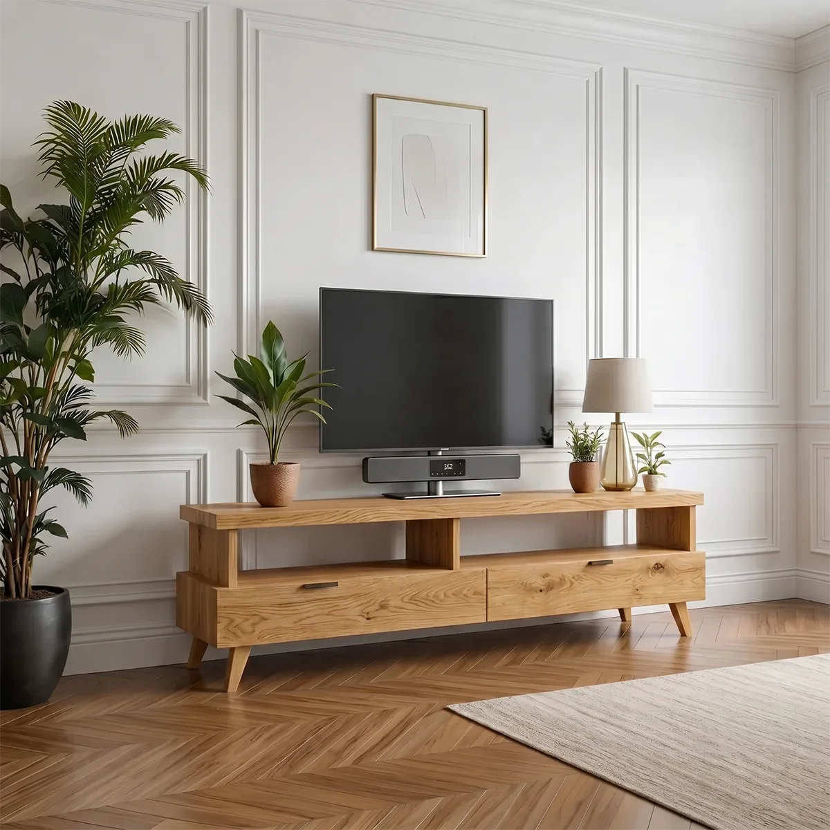 Minimalist TV Stand with Open Shelf and 2 Drawers