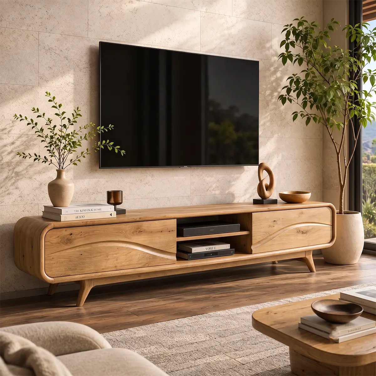 Modern TV Stand with 2 Open Shelves & Enclosed Storage | Sculptural Wave Media Console TT006-7PJS6KB