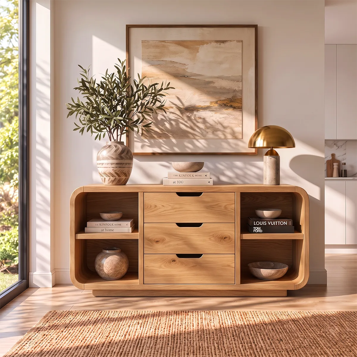 Rounded Sideboard with 3 Drawers and 4 Open Shelves | Modern Storage Cabinet HG021-1MUL6EE