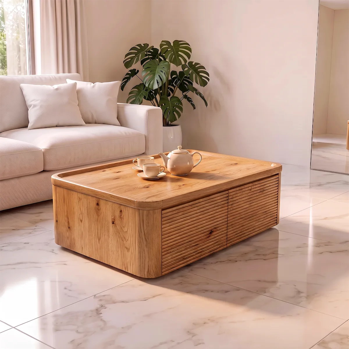 Fluted Coffee Table with 2 Storage Drawers | Modern Rectangular Center Table HG021-5QVK8NI