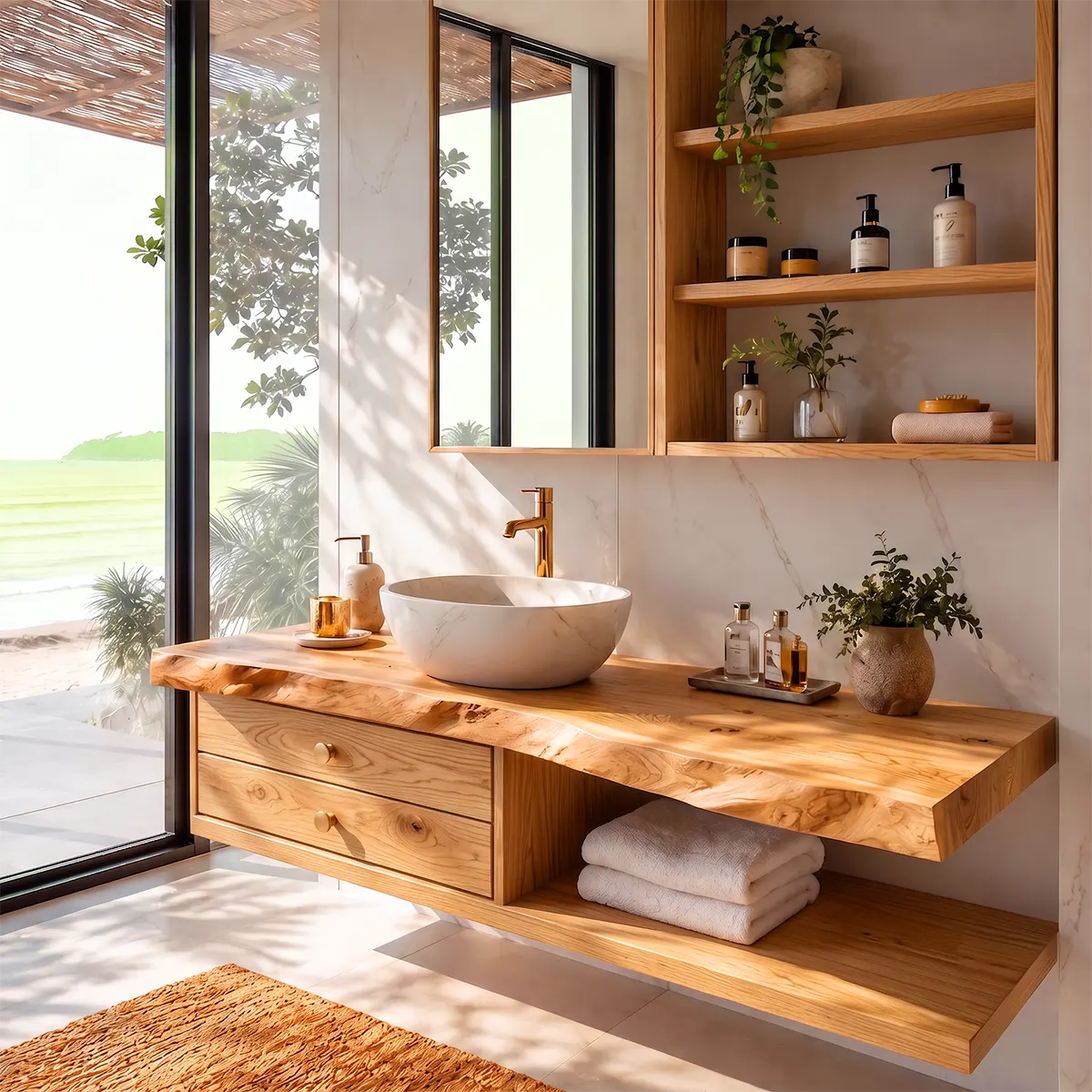 Live Edge Floating Bathroom Vanity | Wall Mounted Vanity with Drawers & Open Shelf TT006-4WJO5CA