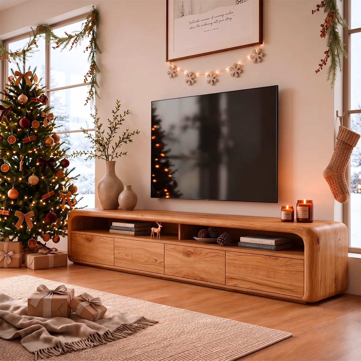 Modern Curved TV Stand with 4 Enclosed Storage Compartments & Open Shelves TT006-5AFF2JH