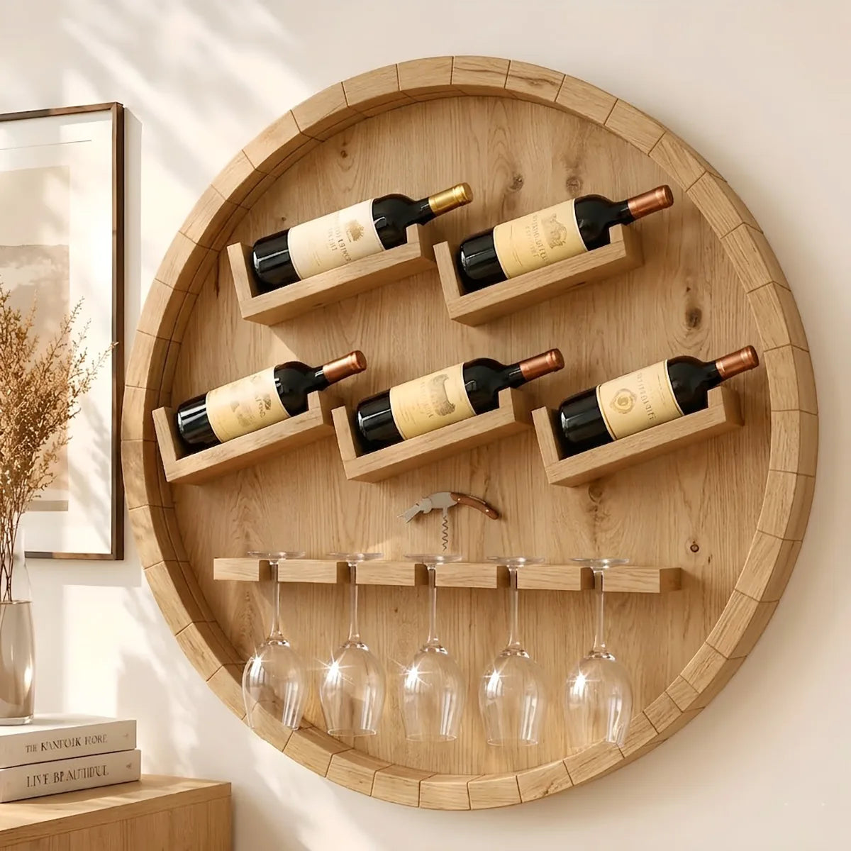 Round Solid Wood Wall Wine Rack with Glass Holder HG021-3468