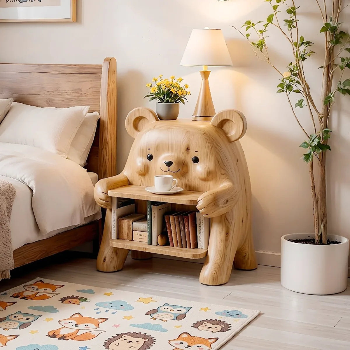 Whimsical Solid Wood Bear Side Table with Bookshelf for Kids’ Rooms & Cozy Homes HG021-4308