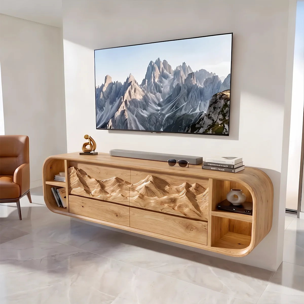 Mountain Relief TV Stand with Rounded Frame and Floating Storage HG021-1LGE7WE