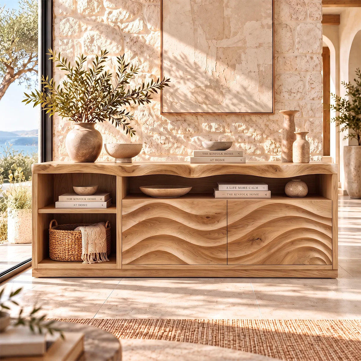 Sculptural Wave Sideboard with 2 Cabinet Doors and Open Shelves | Modern Storage Cabinet HG021-4LWU7BC