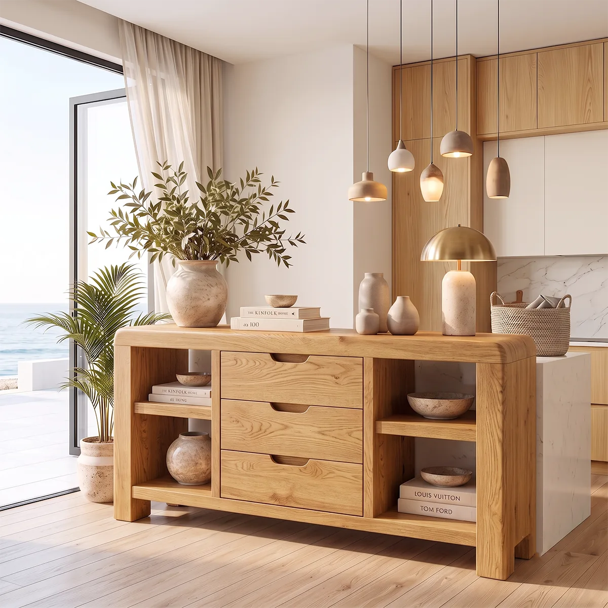 Modern Sideboard with 3 Drawers and 4 Open Shelves | Rounded Storage Console HG021-9VPB8MA